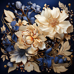 Symphony of Elegance: A Golden Floral Design on a Blue Canvas