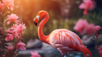 Fototapeta premium Elegant Flamingo Among Pink Blossoms