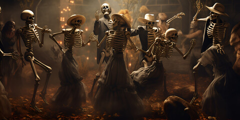 people in the night A group of skeletons in a dark environment,  Halloween Party - Skeletons With Wooden Banner In Spooky Nights, generative AI - obrazy, fototapety, plakaty