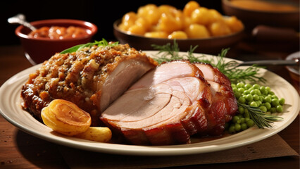 Food photography Bavarian roast pork with crust and beer sauce is self-contained, no side dishes, just roast pork with sauce on a plate