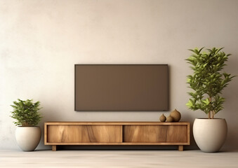 TV cabinet with empty wall, wood plank, plant, pot.