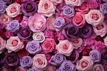 Vibrant backdrop for Valentine's Day with diverse blossoms. Wallpaper showcases rosy and lavender roses. Generative AI