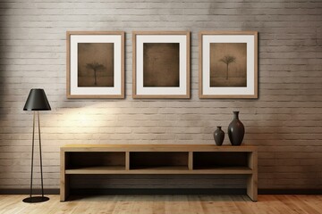 Mockup of poster frames on a blank wall with wooden frames. Generative AI
