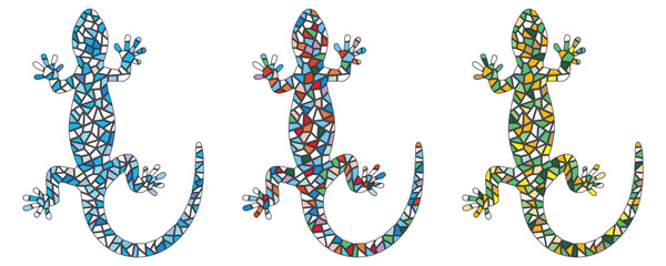 Beautiful colourful set of mosaic lizards isolated on white background. Vector illustration - obrazy, fototapety, plakaty