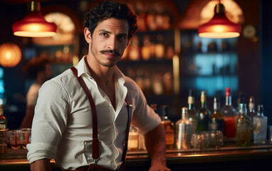 Latin male bartender stands near the bar counter