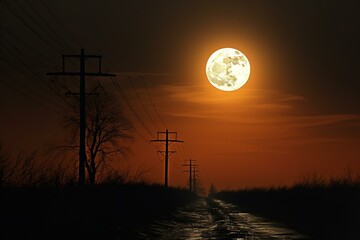 nighttime silhouette of power pole beneath a glowing full moon. Generative AI