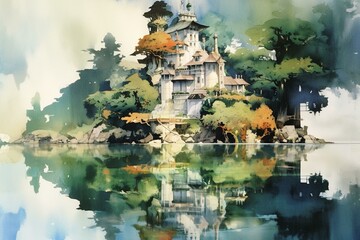 A scenery depicted through a beautiful watercolor artwork. Generative AI