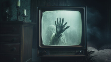 Hand of ghost on screen of vintage tv in haunted