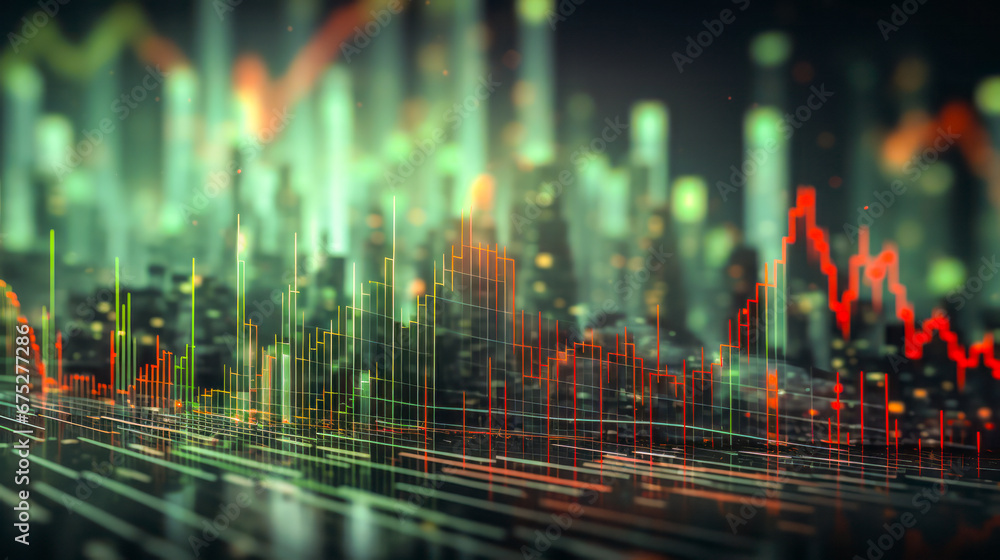 Poster backdrop of fluctuating stock market numbers and symbols, emphasizing green up-arrows and red down-a