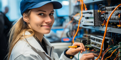 portrait of Electrical & Electronic Engineering Technician, Apply electrical & electronic theory and related knowledge to design, build, repair, calibrate, and modify electrical components, circuitry - obrazy, fototapety, plakaty