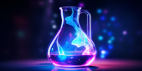 Close Up of a Science Beaker Filled with Multi Colored Liquids, Strong chemical reaction with a lot smoke and vapors inside erlenmeyer flask. generative AI
