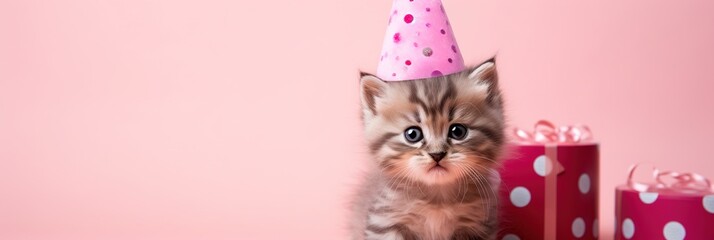 Fototapeta na wymiar Fluffy Feline Celebrates Adorable Kitty in a Cardboard Party Hat on Pink Background, Generative AI