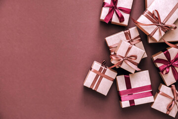 Christmas.Christmas gift box zero waste,Boxing Day, eco friendly packaging gifts kraft paper eco christmas holiday concept handmade , eco decor christmas background pattern