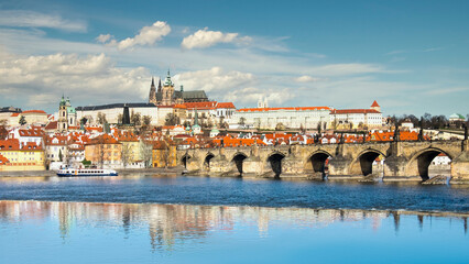 Charles Bridge, St. Vitus Cathedral and other historical buildings in Prague, panorama from the...