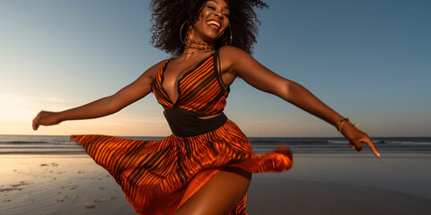 black woman joyfully dancing on beach barefoot in sexy outfit - Powered by Adobe