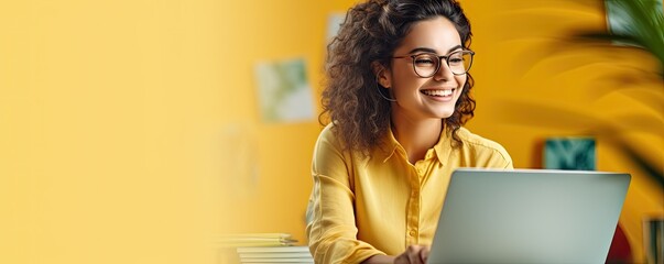 Happy young woman using laptop sitting at desk writing notes. Banner with empty copy space.