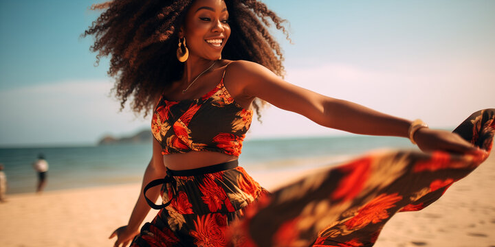 Black Woman Joyfully Dancing On Beach Barefoot In Sexy Outfit