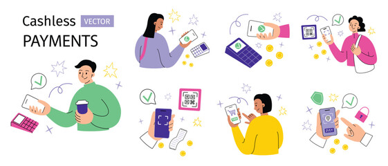 Cashless payments compositions, people use smartphone to pay, cartoon characters hand drawn collection, coins doodle icons, vector illustration of contactless nfc payment, isolated colored clipart