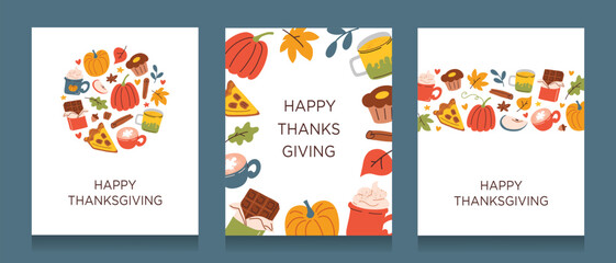 Thanksgiving greeting cards set, autumn compositions with pumpkins, yellow leaves and pies, collection of templates with copy space, vector arrangements with holiday food, poster design