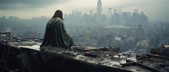 Figure, ruins and city with buildings in destroyed, apocalyptic or bombed urban area. Warzone, damage or abandoned or broken home and smoke from rubble in distance, landscape or horizon in background - obrazy, fototapety, plakaty