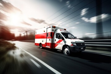 An ambulance racing down the highway. Image with motion blur to give a sense of high speed action and urgency. Great for stories about medical emergencies,  disasters, public health and more. 