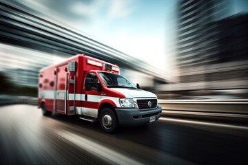An ambulance racing down the highway. Image with motion blur to give a sense of high speed action and urgency. Great for stories about medical emergencies,  disasters, public health and more. 