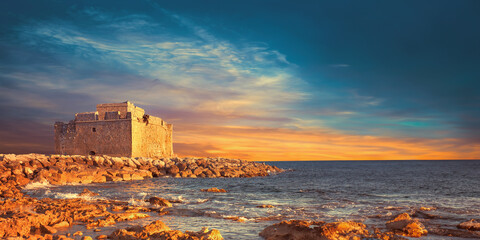 Pafos Harbour Castle, or Turkish Castle in Pathos, Cyprus. Panoramic banner image.
