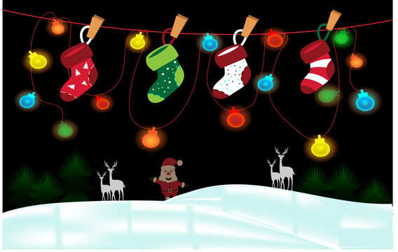 Christmas stockings hanging vector. Colorful sock for winter holiday. Home decoration, palce for present. Merry Christmas. Cute christmas socks illustration vector.