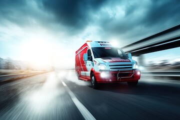 An ambulance racing down the highway. Image with motion blur to give a sense of high speed action and urgency. Great for stories about medical emergencies,  disasters, public health and more. 