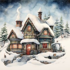 Fototapeta premium An imaginative watercolor depiction of Santa's home at the North Pole, with its magical landscapes and mystical charm.