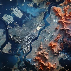 Zelfklevend Fotobehang Urban Tapestry: Aerial View of a City and its Surrounding Landscape © Moon