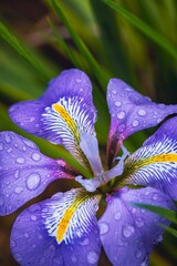 Close-up shot of a vibrant purple Algerian Iris, with glistening water droplets on its petals © Wirestock