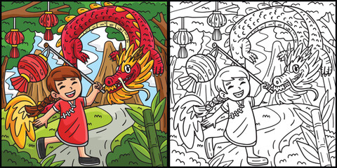 Year of the Dragon Child with Lantern Illustration