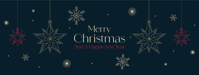 Christmas Banner with Star and Snowflake Decorations on Dark Blue Background. Merry Christmas and Happy New Year Greetings Web Banner Vector Template Illustration. - obrazy, fototapety, plakaty