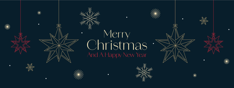 Christmas Banner with Star and Snowflake Decorations on Dark Blue Background. Merry Christmas and Happy New Year Greetings Web Banner Vector Template Illustration.