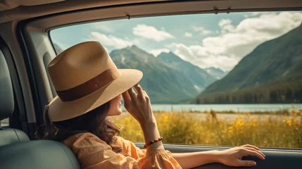 Fotobehang Happy woman hand holding hat outside open window car © khan