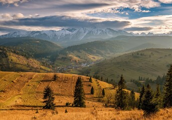 Beautiful autumn with trees under the Tatra Mountains at sunrise. Sun moutain forest fog landscape at sunset on meadow. - obrazy, fototapety, plakaty