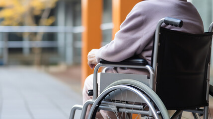 Obraz premium Close up of older woman sitting in wheelchair taken care of in hospital, older people disability rehab healthcare concept, elderly healthcare concept