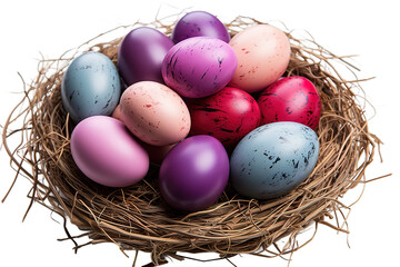 Colorful easter eggs in basket on wooden table. Top view with copy space  isolated on a Transparent background. Generative AI
