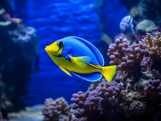 Naklejka na ściany i meble Vibrant Blue Tang Fish in Coral Reef, wildlife, Generative AI