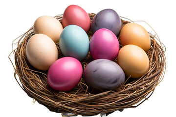 Colorful easter eggs in basket on wooden table. Top view with copy space  isolated on a Transparent background. Generative AI