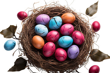 Fototapeta na wymiar Colorful easter eggs in basket on wooden table. Top view with copy space isolated on a Transparent background. Generative AI
