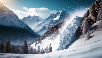 Avalanche de neige dans les montagnes. Paysage hivernal.