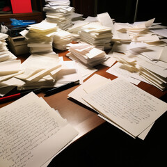 pile of books, stack of papers, image of several sheets of written paper spreading