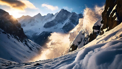 Avalanche de neige dans les montagnes. Paysage hivernal. - obrazy, fototapety, plakaty