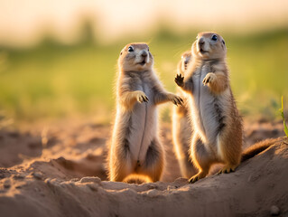Fototapeta premium Playful Prairie Dogs in Grassland, wildlife, Generative AI