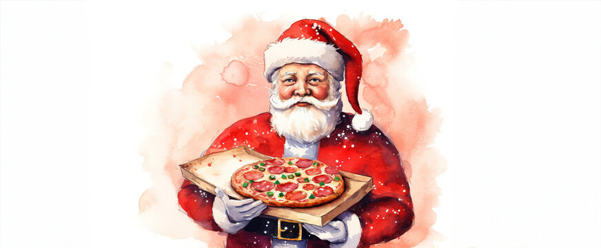 opened Pizza box in hands of Santa Claus on red, watercolor Santa pizza delivery boy, Christmas fast food delivery, New year eve promotion, copyspace banner