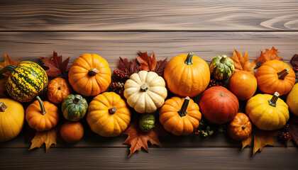 Autumnal Harmony: Pumpkins and Flowers on a Wooden Background,pumpkin and autumn leaves
