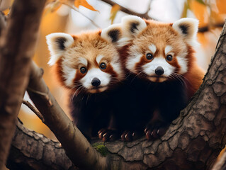 Adorable Red Panda Cubs in Tree, wildlife, Generative AI