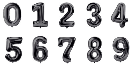 Numbers from 0 to 9 made with foil black metalic birthday balloons